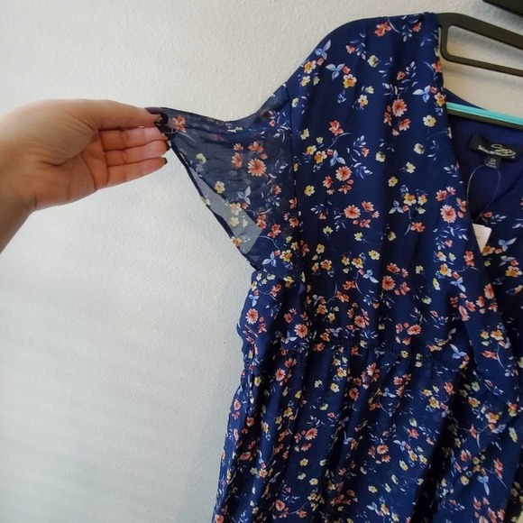 Blue Floral Flutter Sleeve Faux Wrap Dress Plus 2X - Picture 3 of 8